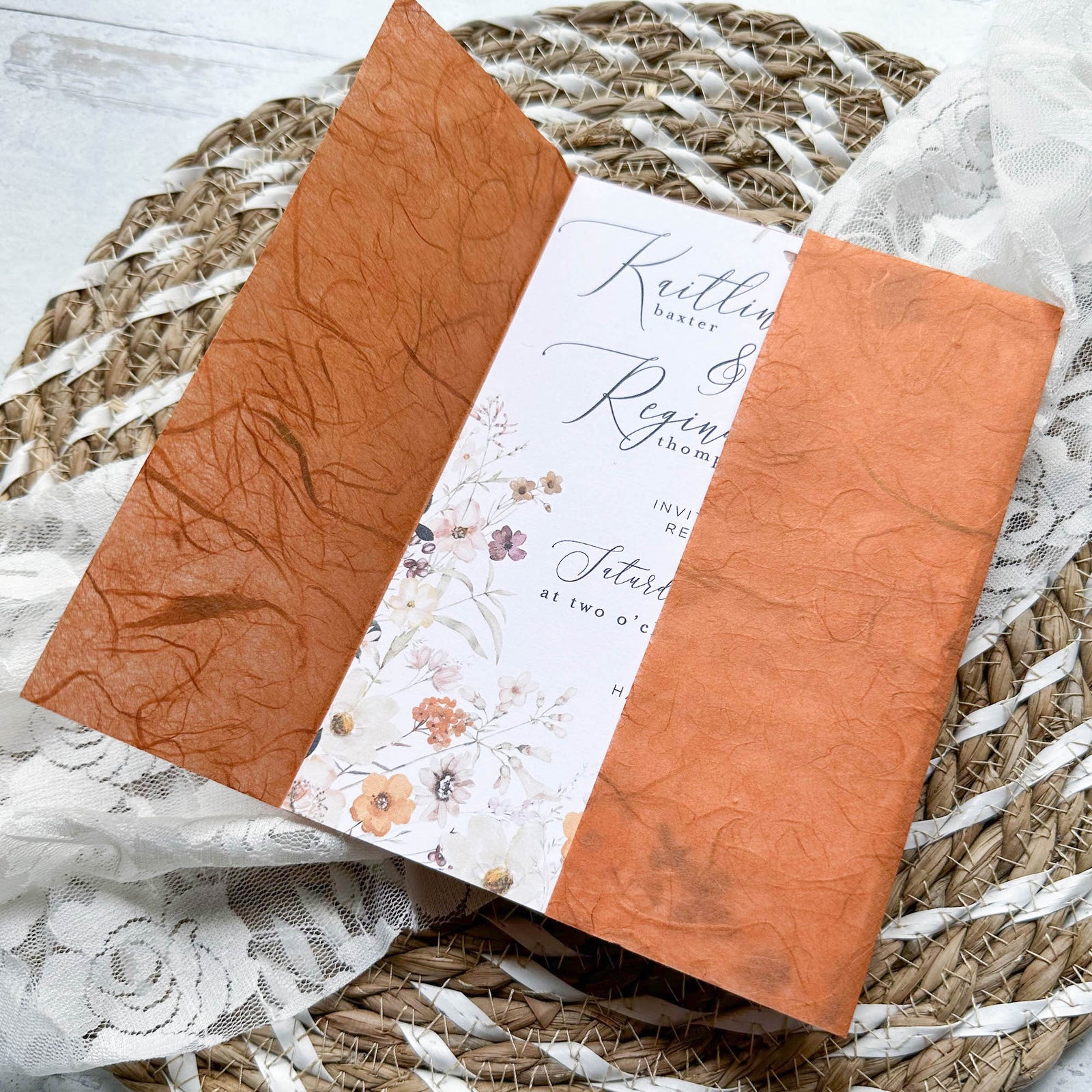 copper thai unryu wrap wedding invitation