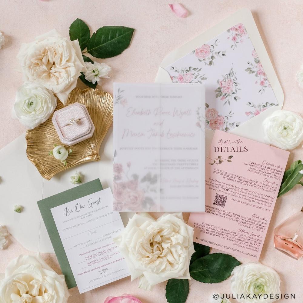 wedding invitation using colorplan candy pink,  mid green,  bright white, and a natural envelope