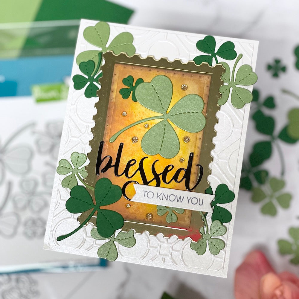 blessed shamrocks postage stamp bumblebee card