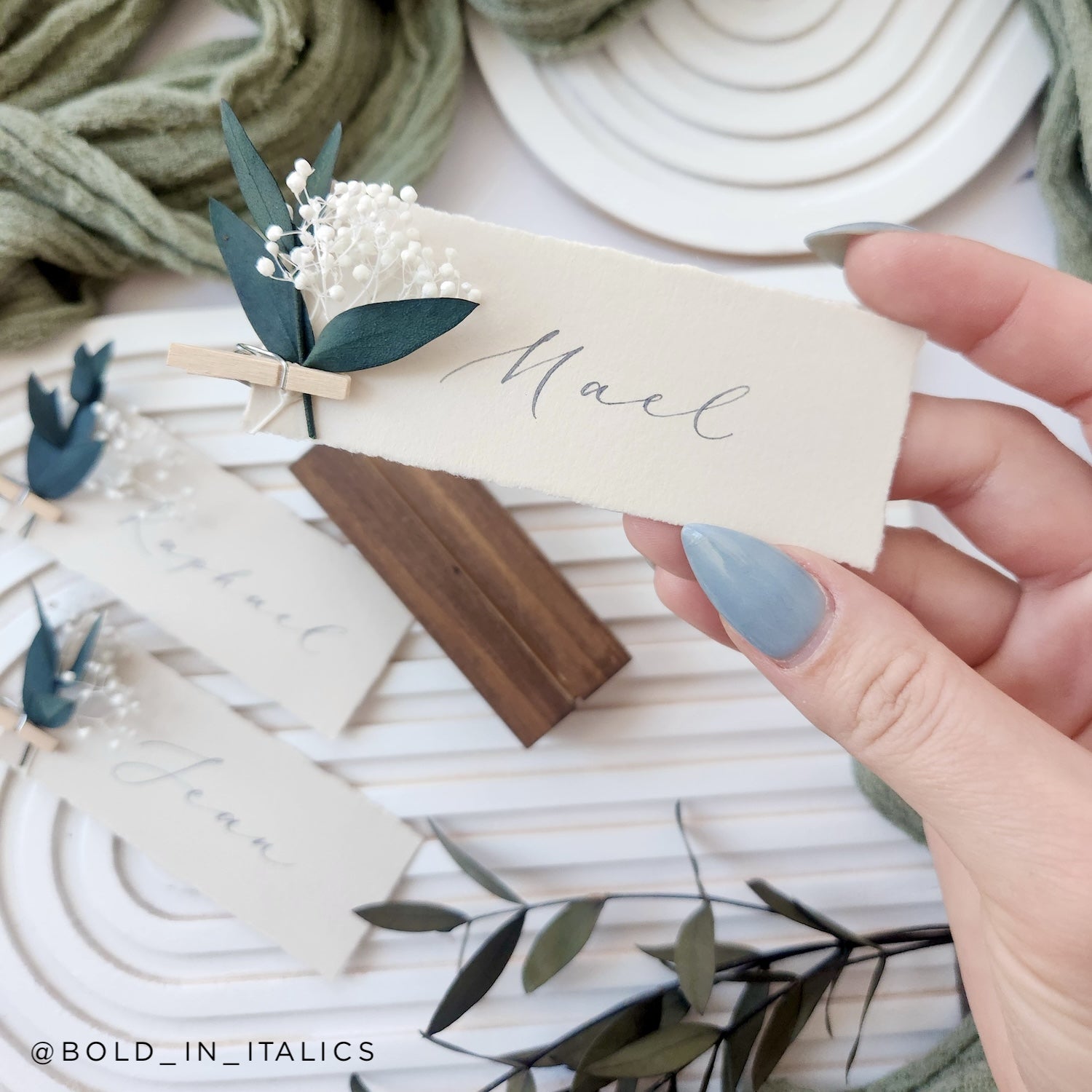 Mist calligraphy wedding place cards