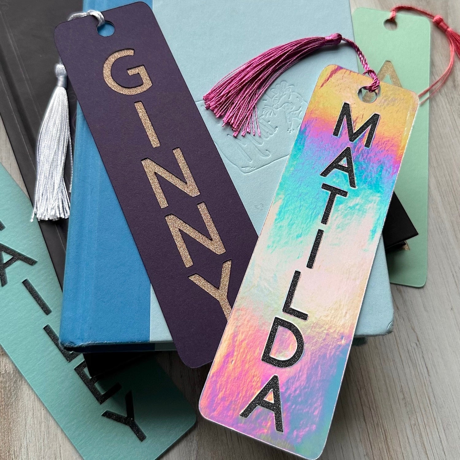 amethyst colorplan and rainbow holographic die cut bookmarks