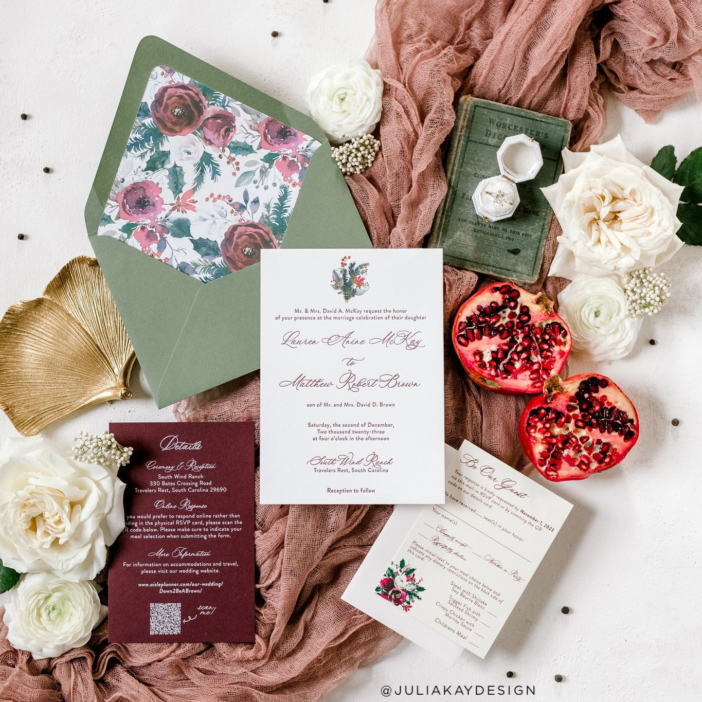 Winter wedding invitation suite using cardtock warehouse Colorplan mid-green, claret and bright white carstock paper