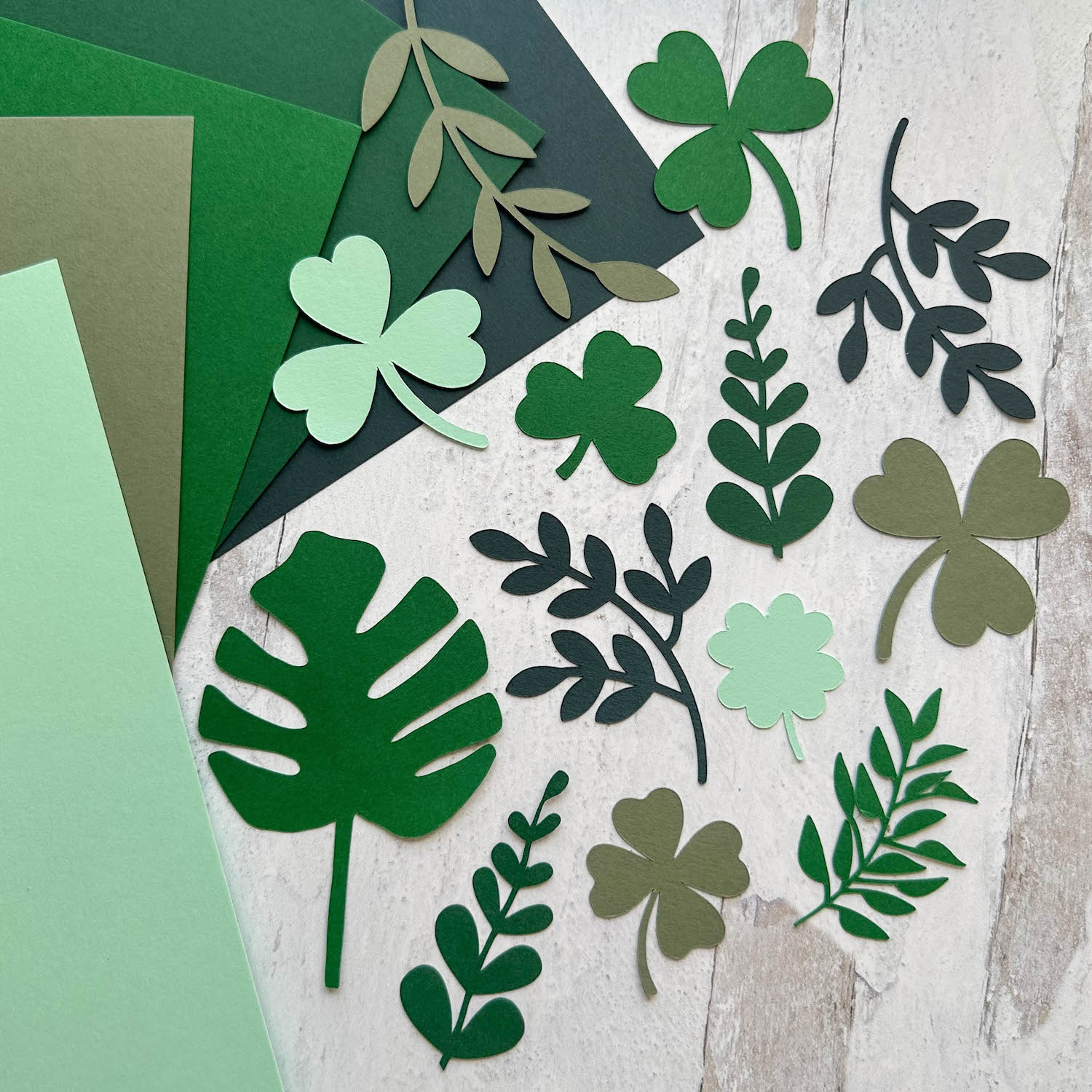 shades of green die cut leaves and shamrocks