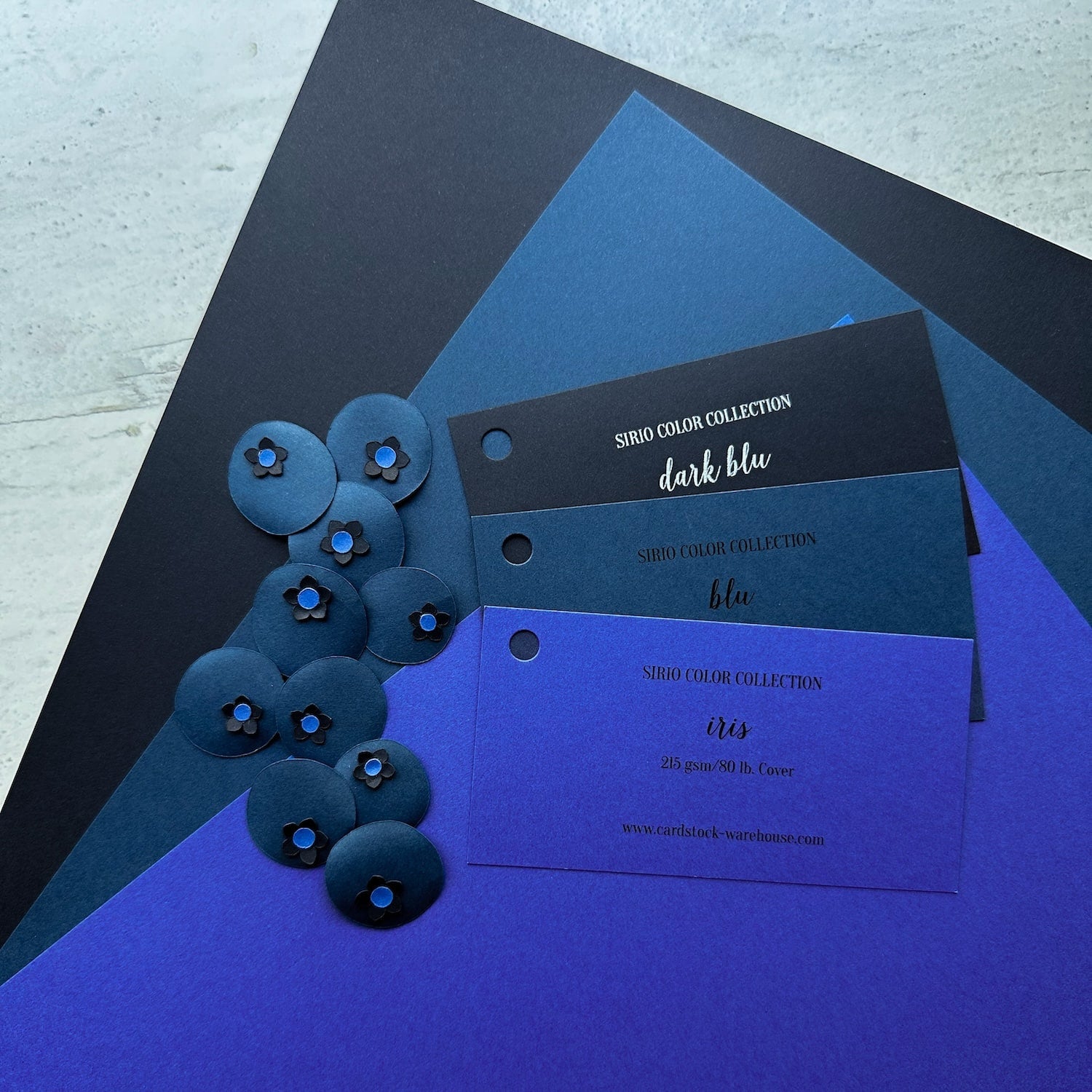 Sirio Color Iris, Blu, and Dark Blu die cut blueberries