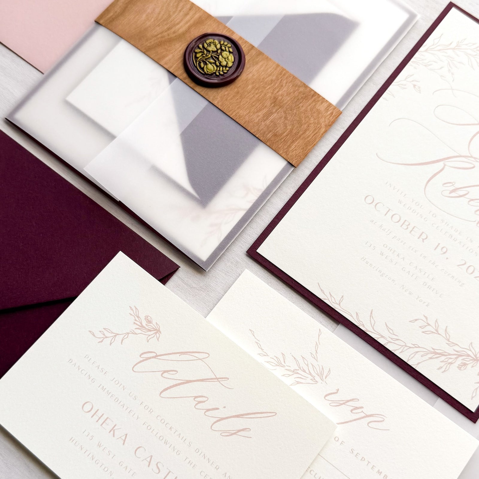 wedding invitation with Claret, Natural, Cherry Wood Veneer, and Vellum Wrap